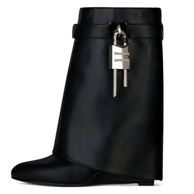 

Lock Buckle Wedge Boots Women Autumn Winter Designer Long Boots Female Fold Gothic Knight Boot Fashion Brand High Heel Boots