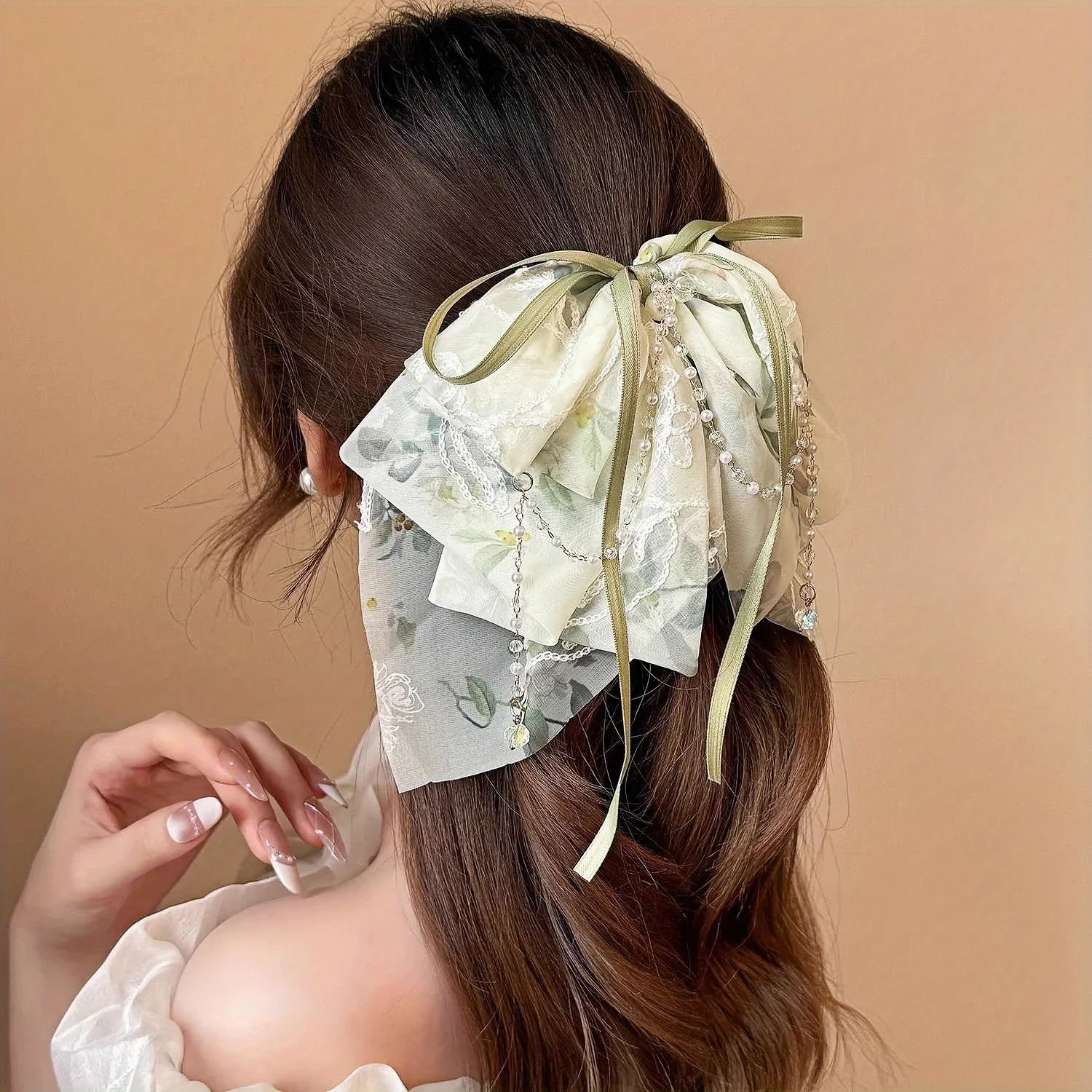 

Light Luxury Mesh Floral Bow Ponytail Clip, High-End Floral Embroidery Hair Clip Elegant Leaf Floral Claw Clip with Tassel
