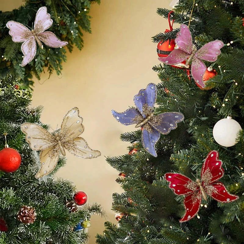 1PC Christmas Gold Powder Butterfly Decoration Glitter Simulation Butterfly Pendant Christmas Flower Accessories Holiday Decor