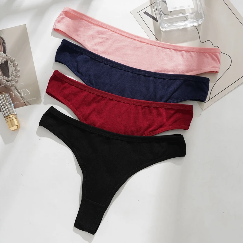 3PCS Cotton Blends T-back Briefs Women's Sexy Low rise Thong Panties L-2XL Plus Size  Simple Breathable Underwear Solid Panty