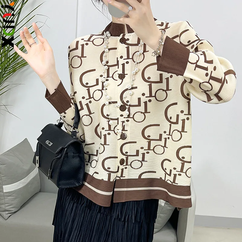 

YUDX Pleated 2024 New Casual Printed Stand-up Collar Shirt Tops Women's Loose High-end Fashion Cardigan Women's Clothing