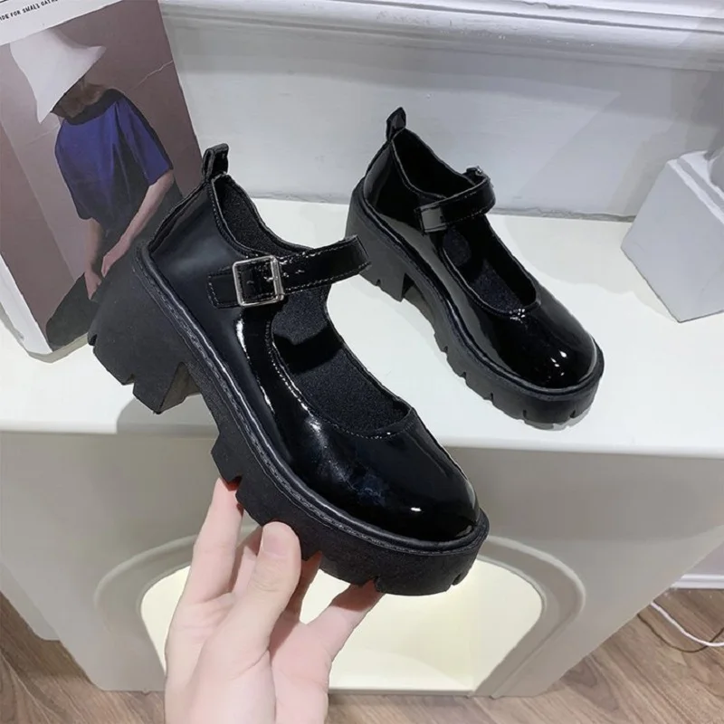 

Plus Size 35-42 UK style Big Toe College Student Leather Shoes Chunky Thick Heels Lolita Shoes Jk Sneakers Woman Mary Jane Shoes