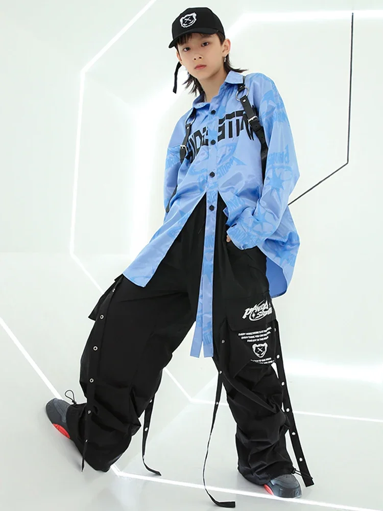 Ragazze ragazzi camicie blu pantaloni Hiphop Performance Clothes Drum Concert Stage Outfit Streetwear Kids Jazz Dance Costume