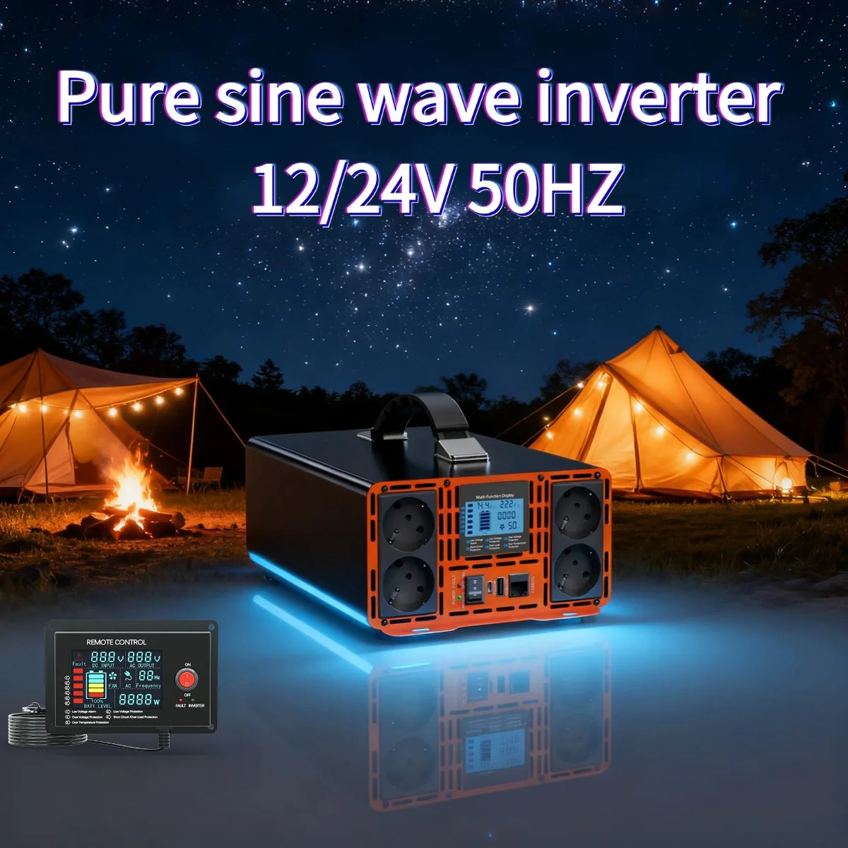 

Pure Sine Wave Inverter 12V/24V → 220V 3000-12000W | Wired Remote + LCD Display | RV • Solar • Home Backup