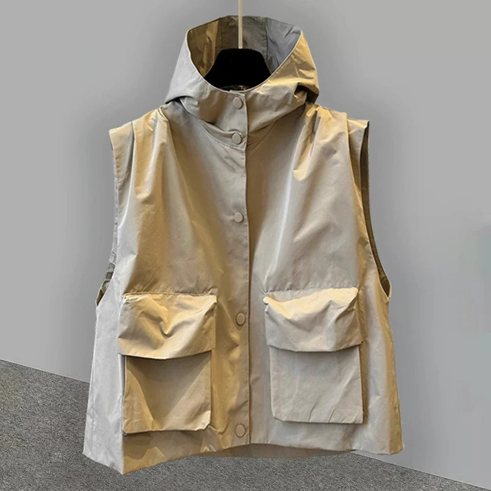 سترة رجالي فضفاضة بغطاء للرأس بتصميم جيب سادة بدون أكمام