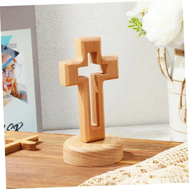Cross Wood Crucifix Hand-Carved Beech Wood Cross With Stand Elegant Religious Craft For Church Easter Decor Tabletop Ornament