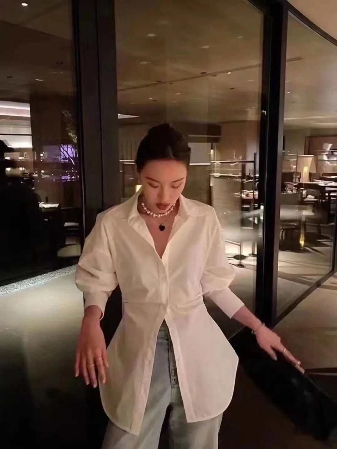 

Ele Loose Women's irt Midi Length Summer 2025 Design Sensation Slimming Versatile Long Sve Collar Pure Color