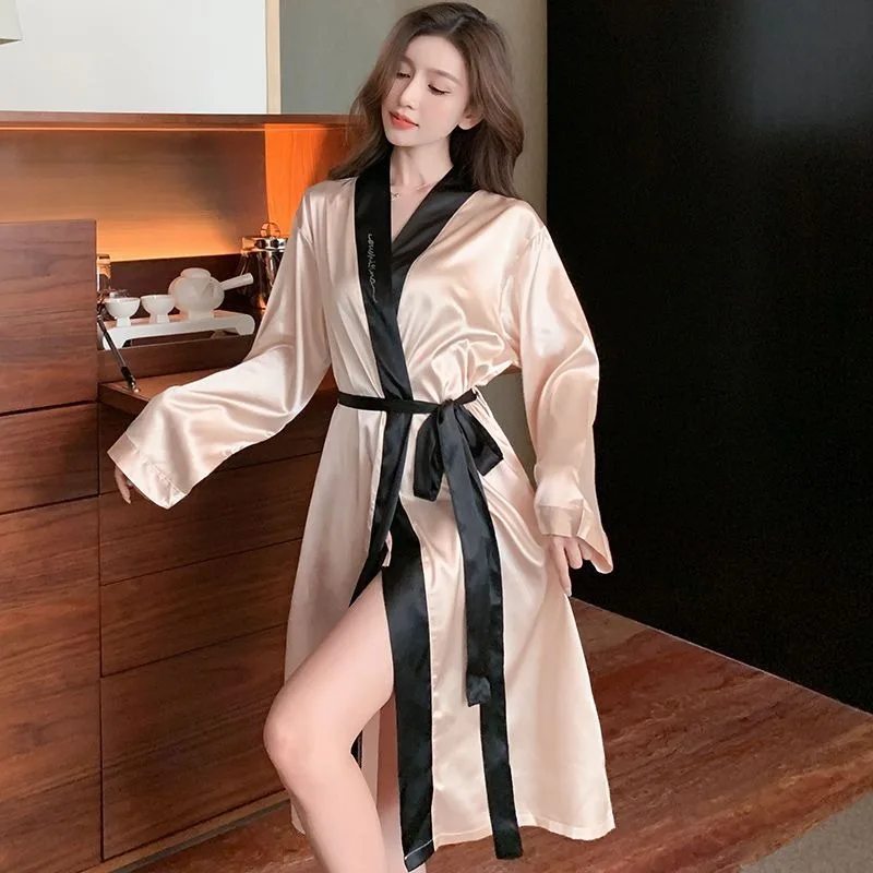 2024 New Sexy Nightdress Women's Spring Autumn Winter Imitation Ice Silk Morning Robe V-neck Loose Bathrobe Ladies Loungewear