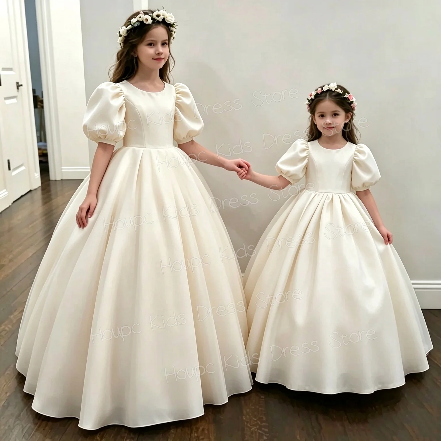 Ivory Satin Girl's Flower Girl Dress with Puff Sleeves, Round Neck, Full Skirt for Weddings and First Communion Parties