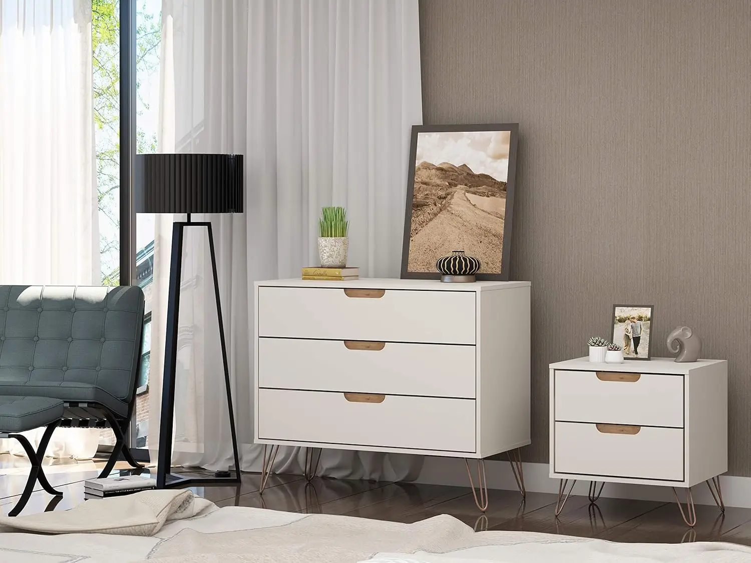 Mid-Century Modern 3 Drawer Bedroom Dresser with Nightstand, Set of 2, Off White/Nature