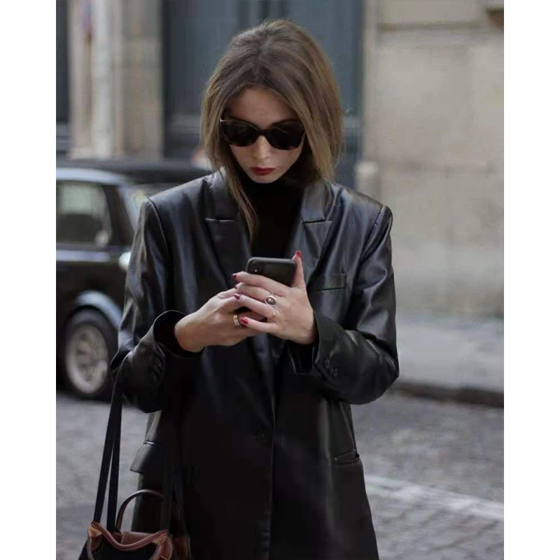 IMI Ultra Low Profile PU Leather Shoulder Pad Suit Jacket Windproof Silhouette Fashionable Long Sleeve Zipper Closure Women's...
