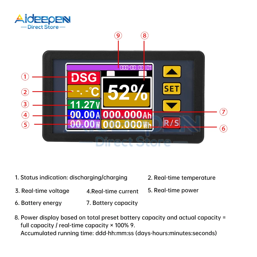 DC 7-200V Battery Tester Coulomb Counter Meter Battery Capacity Indicator Ammeter Voltmeter Battery Tester 100/200/300/400/500A