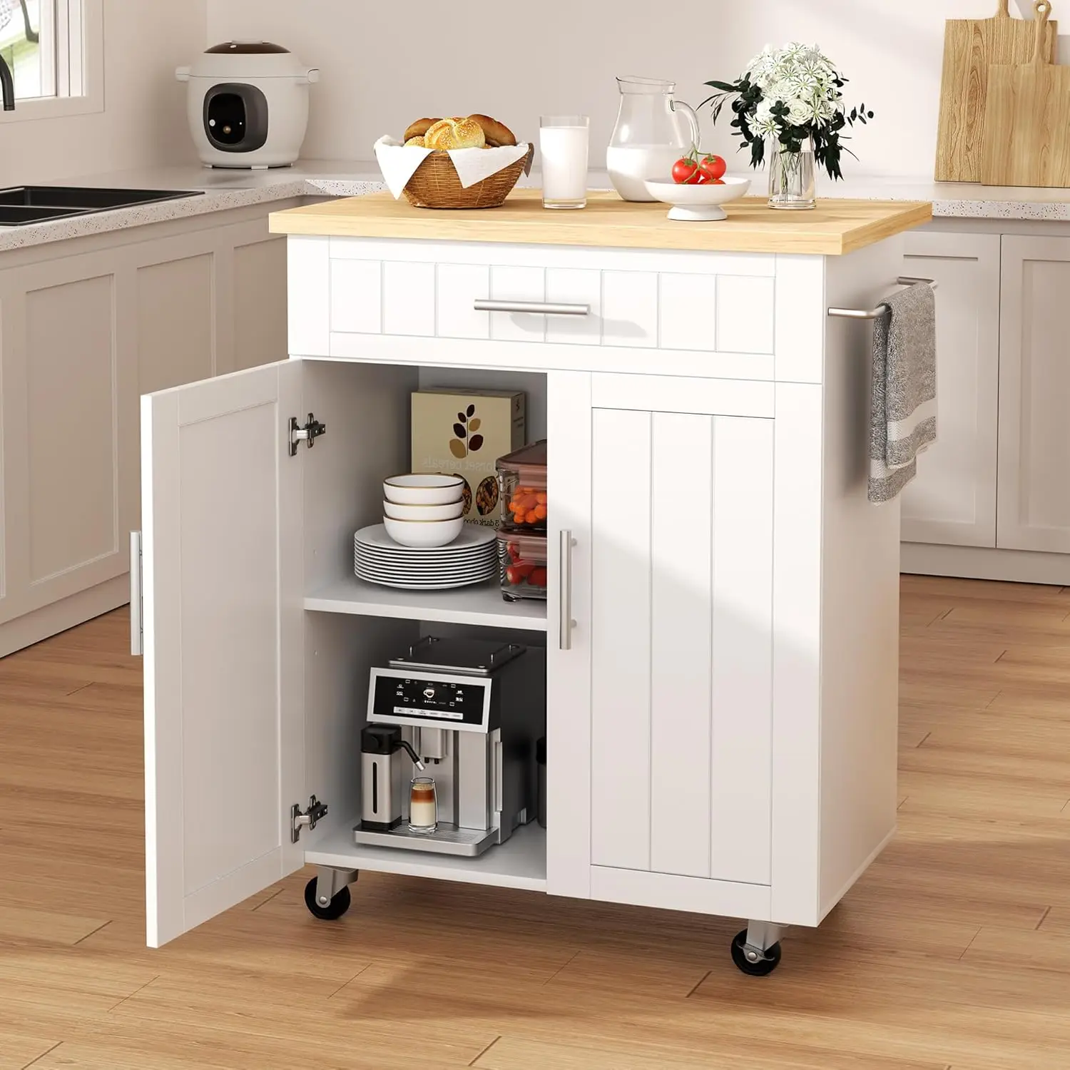 

Kitchen Island cart with Storage, Portable Bar Cabinet on Wheels, Rolling Microwave Cart Side Table with Workstation for Kitche