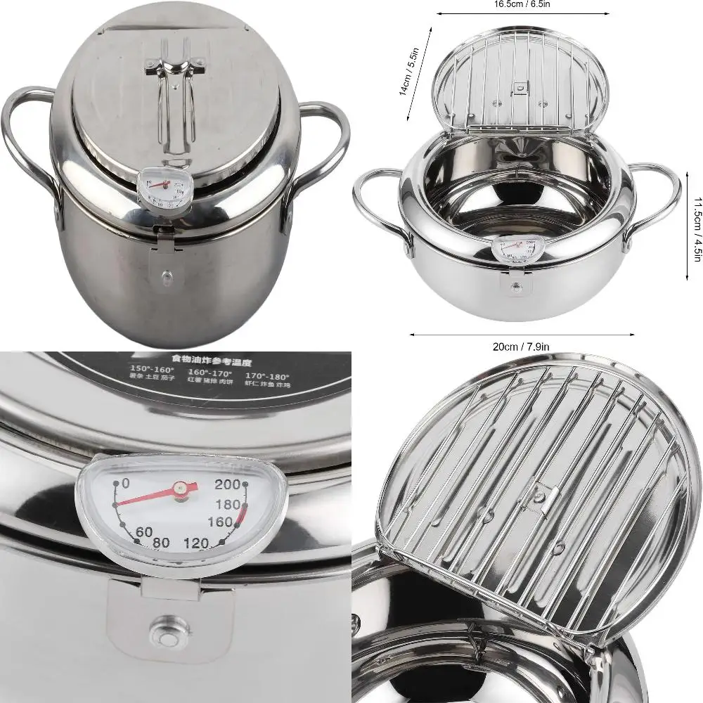 

Enhanced Premium Quality Small Japanese Stainless Steel Tempura Frying Pot with Convenient Thermometer and Lid - Complete Deep F