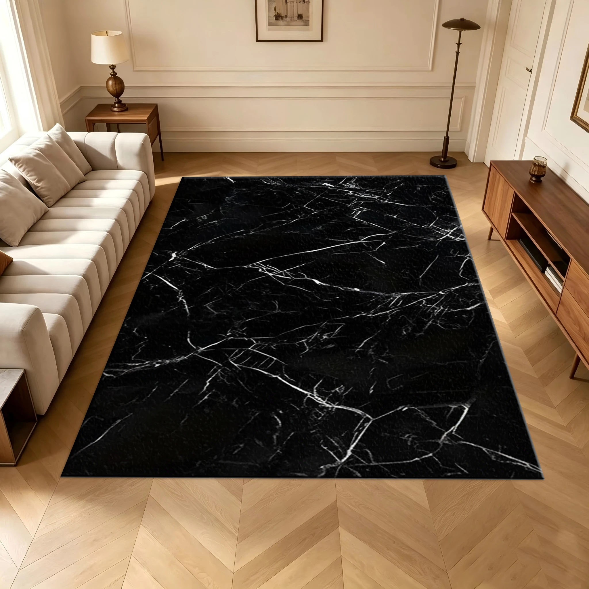 Luxury Black Marble Vein Carpet Flooring Modern Home Office Decor Anti‑Slip Large Area Rug