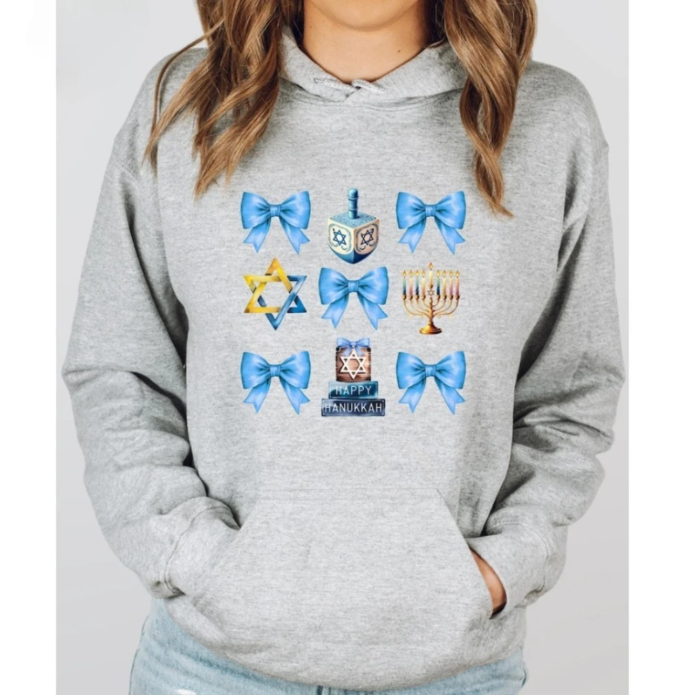 해피 하누카 스웨트셔츠 하누카 디너 후디 재미있는 유대인 가족 스웨트셔츠 드롭 숄더 트랙수트 여성 겨울 풀오버