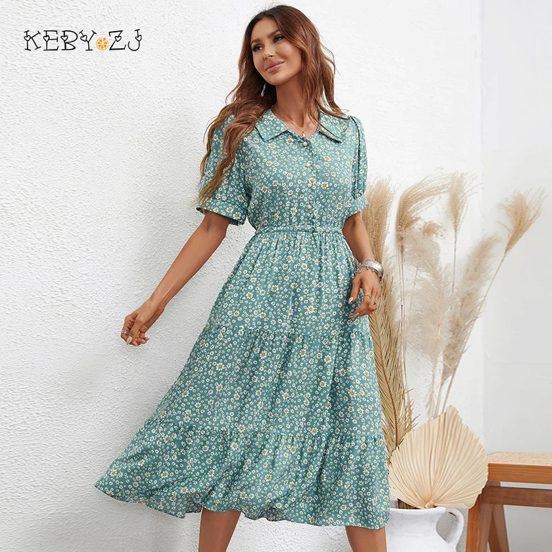 KEBY ZJ Women 2022 Summer Long Dress Elegant Gorgeous Urban Floral Print Party Midi Dress Spring Short Sleeve A-Line Maxi Dress