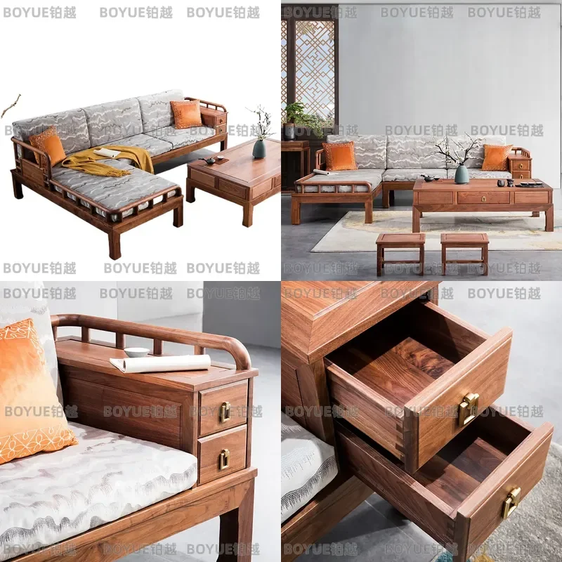 North American Black Walnut New Chinese Style Solid Wood Living Room Sofa Set Fabric Upholstered Princess Design Furniture