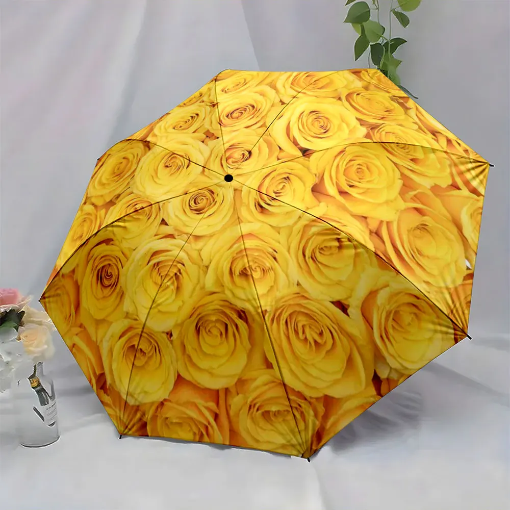 1PC Golden Rose Pattern Umbrella for Stylish Rainy Days Print 8 Iron Ribs Folding Umbrella Auto-Open Fashion Sunshade
