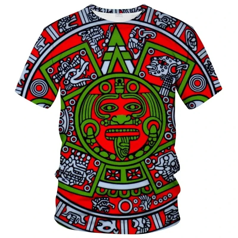 Vintage Mexico Aztec Totem Graphic T Shirt For Men Fashion Street Crew Neck T-shirt 3D Print Summer Casual Short Sleeve Tiki Top