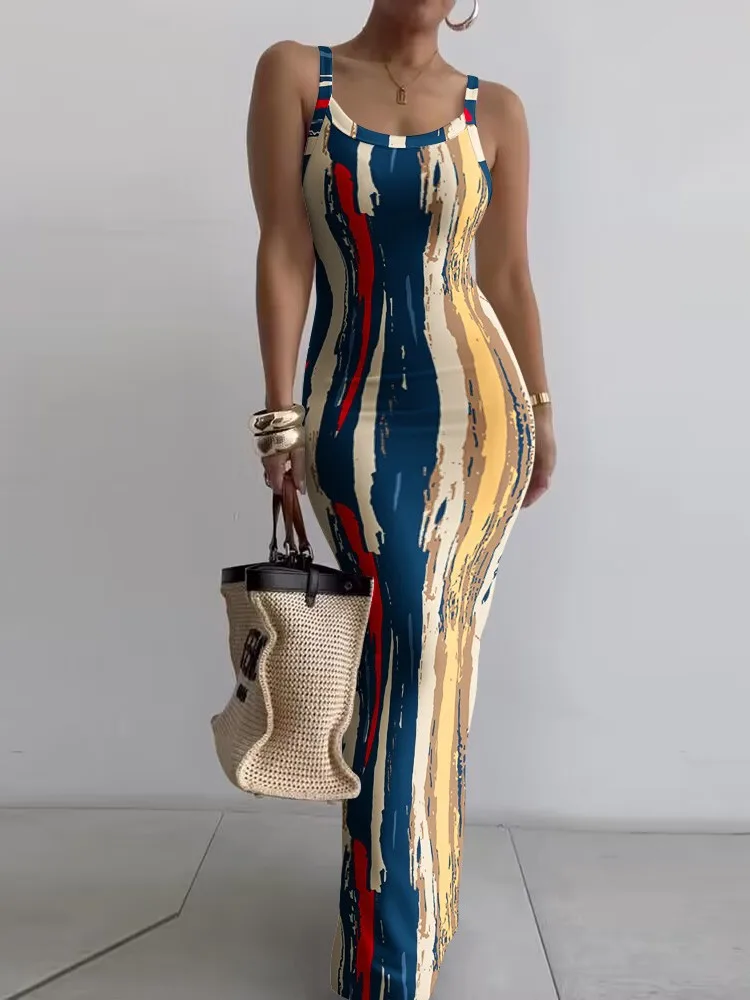 Dresses For Women 2024 Sexy Spaghetti Strap Color Printed Long Dress Evening Y2k Sleeveless Solid Skinny Bodycon Maxi Vestidos