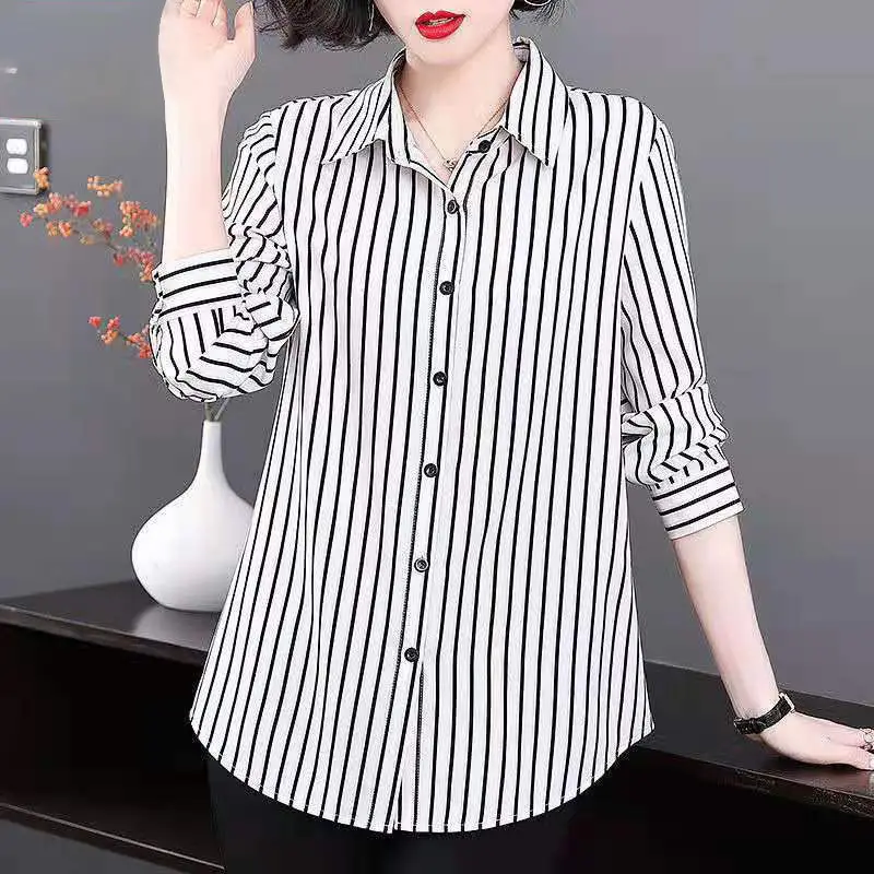 2022 Women\'s Clothing Fashion All-match Striped Button Blouses Spring Turn-down Collar Casual Commute Thin Long Sleeve Shirt