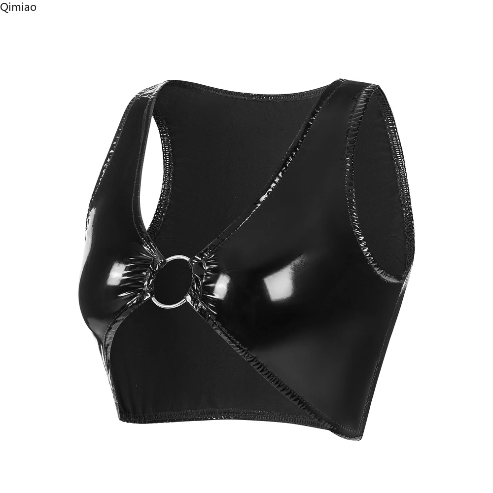 

S-3XL Mirror Leather Bra Exposed Bosom Sexy Tank Top Shiny PU Leather Bustier Crop Tops Tight Metal Ring Vest woman Sport Jacket