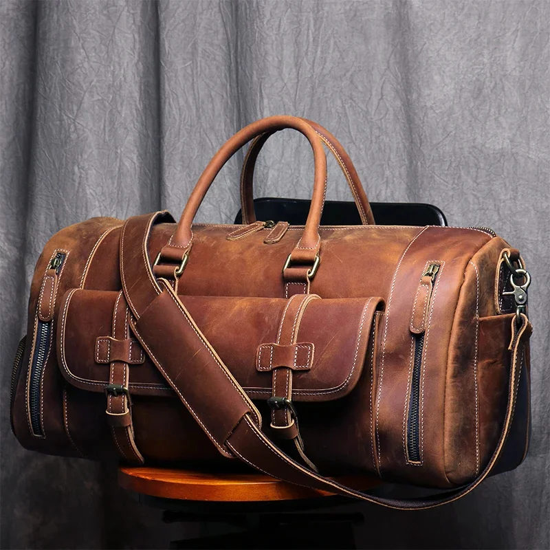 MUNUKI Vintage Crazy Horse Genuine Leather Travel bag Large Luggage men duffle Weekend Bag Tote Big