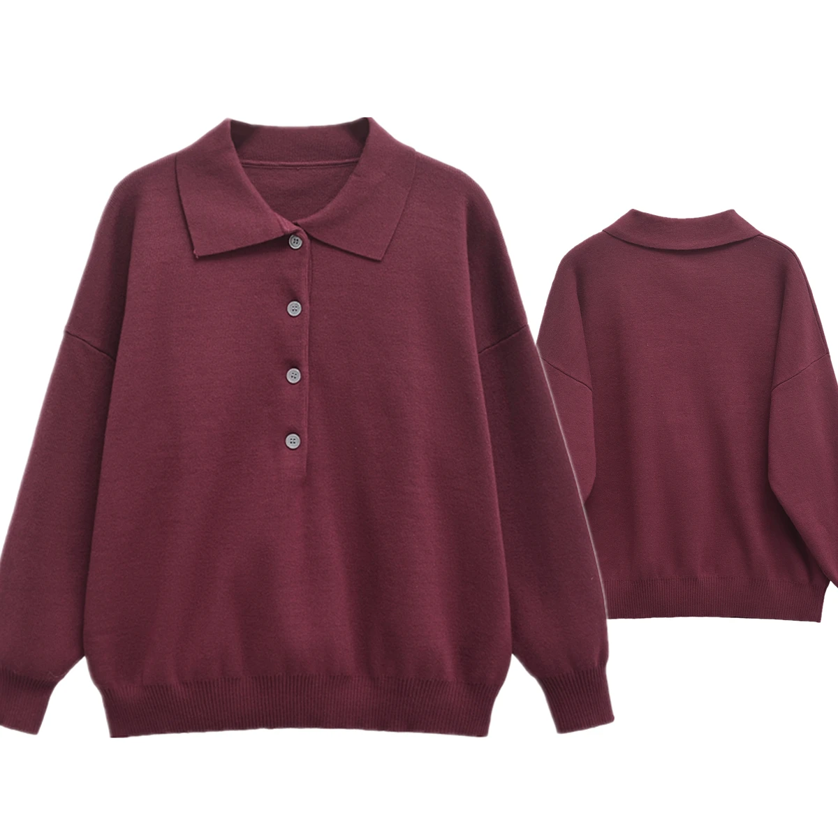 

Withered Minimalist Burgundy Polo Collar Sweater Fashionable Elegant Pullover Sweater For Women Knitwear