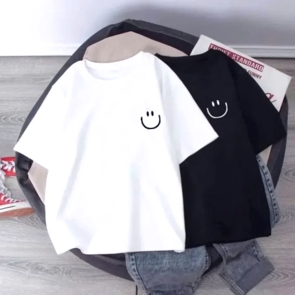 Summer New Smiling Face Print Children's T-shirt Short-sleeved Loose Basic Versatile Base Cool Simple Kids Girl Tees Tops