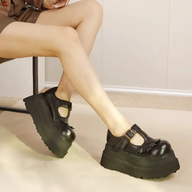 

New British Style Genuine Leather Tassel Thick Bottom Platform Shoes Female Spring Summer Washed Cowhide Mary Jane Women Heels
