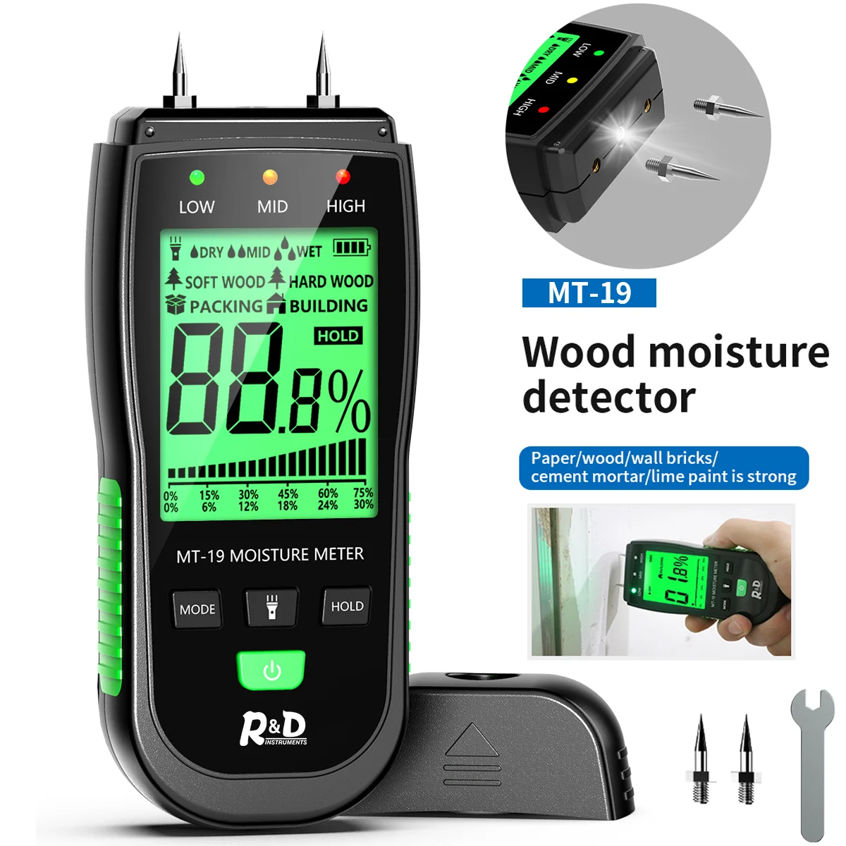 

R&D MT-19 Wood Moisture Meter Digital Humidity Meters Wall Hygrometer Timber Damp Detector Building Humidity Tester Carton