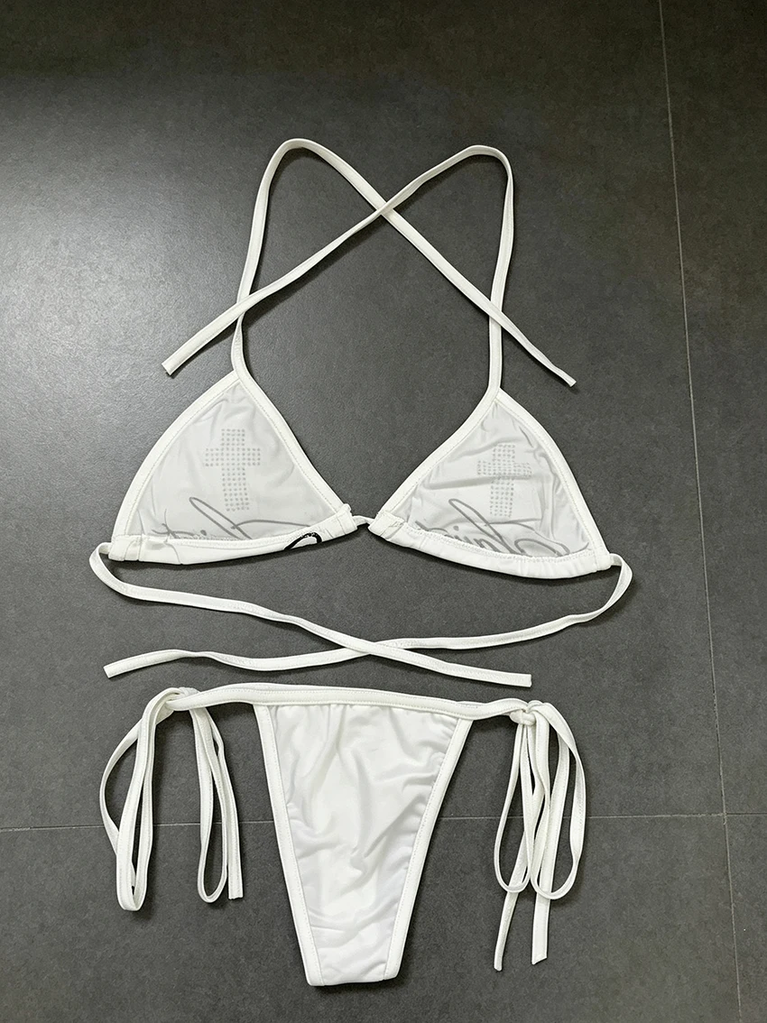 Fashion Women Gothic Punk Y2K Bikini Set Aesthetics Rhinestone Cross Letter Halter Neck Tie Side Beachwear Summer Swimming Suits
