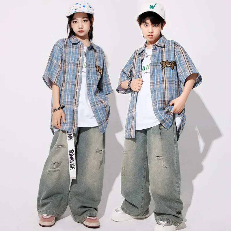 Boys Hip Hop Outfits Stripe Shirt Cargo Pants Girls Street Dance K-pop Pants Children Streetwear Clothes Sets Kids Jazz Costumes
