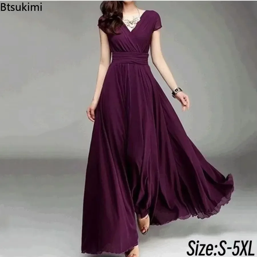 2025 Women\'s V Neck Short Sleeve Evening Party Dress Temperament Solid Colour Long Cocktail Chiffon High Waist Summer Dresses