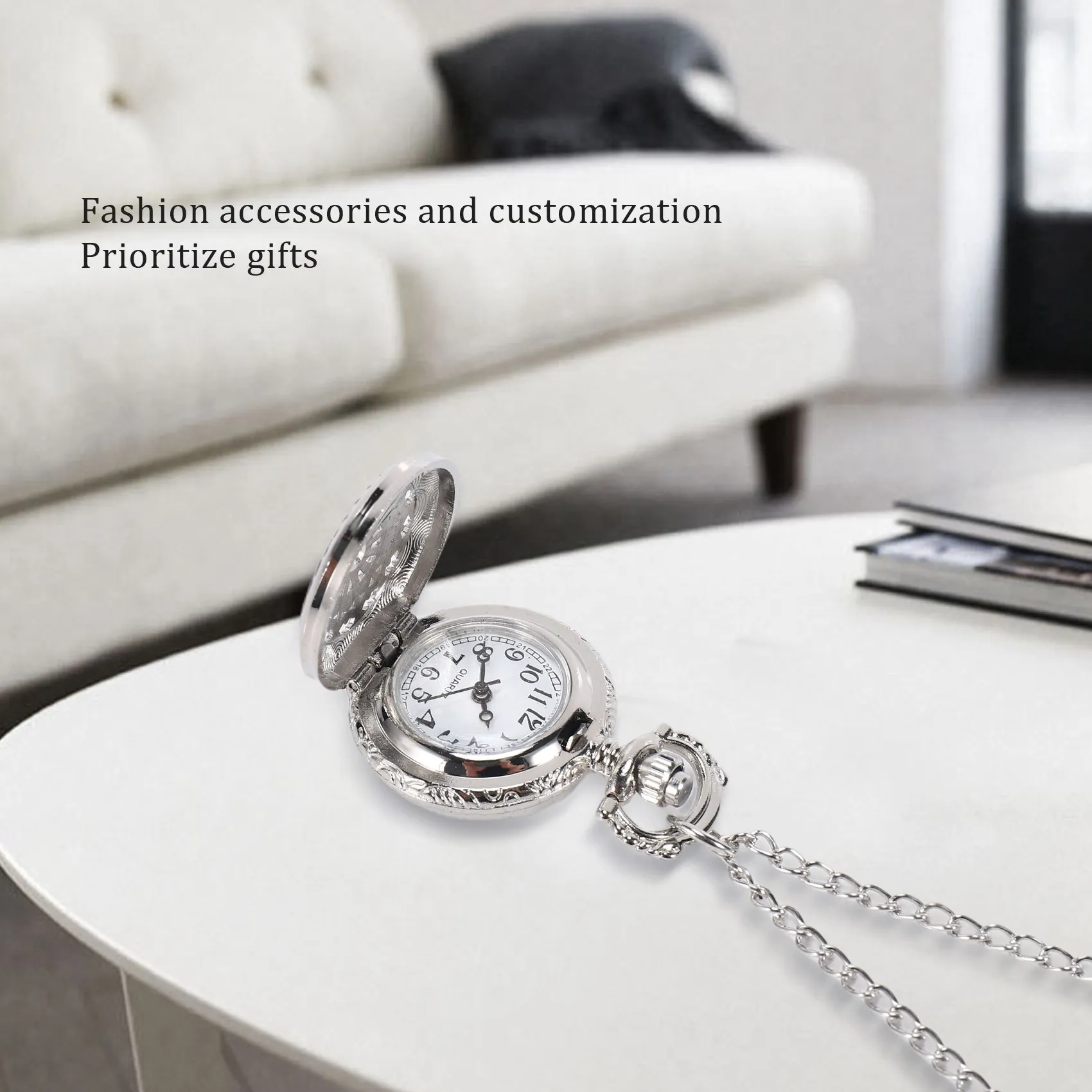 ABQR Men Women Pocket Watch Quartz Silver Alloy Pendant Necklace Pocket Deco