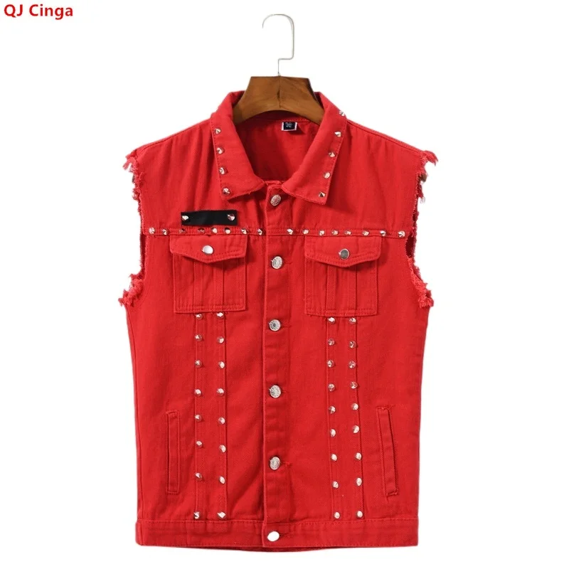 Men's Bright Red Sleeveless Ripped Vest Coat for Fall; Single-breasted Lapel Denim Jacket for Spring and Summer; Asian Sizes6XL.