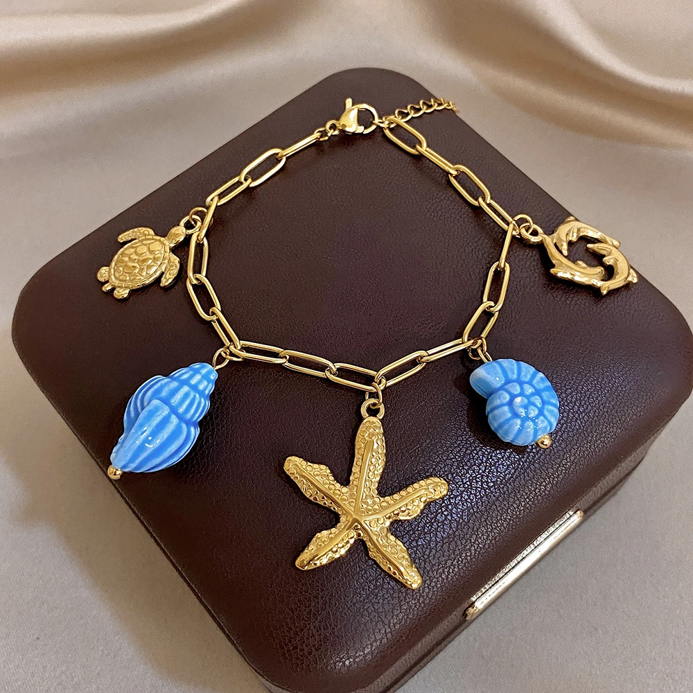 

Freetry Fashion Waterproof Stainless Steel Bracelet for Women Blue Scallop Starfish Adjustable Bracelet Beach Vacation Jewelry