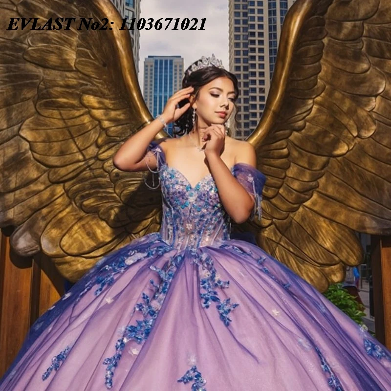 EVLAST Customized Princess Purple Qinceanera Dress Ball Gown Floral Applique Beading Corset Sweet 16 Vestidos 15 Anos E2QA348