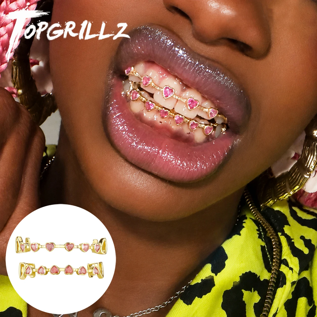 TOPGRILLZ Hip-Hop Y2K Kupfer Grillz Set mit pinken und klaren Herz-CZ-Steinen für Ober- und Unterkiefer – Süßer, cooler Bling-Schmuck für Damen und Herren