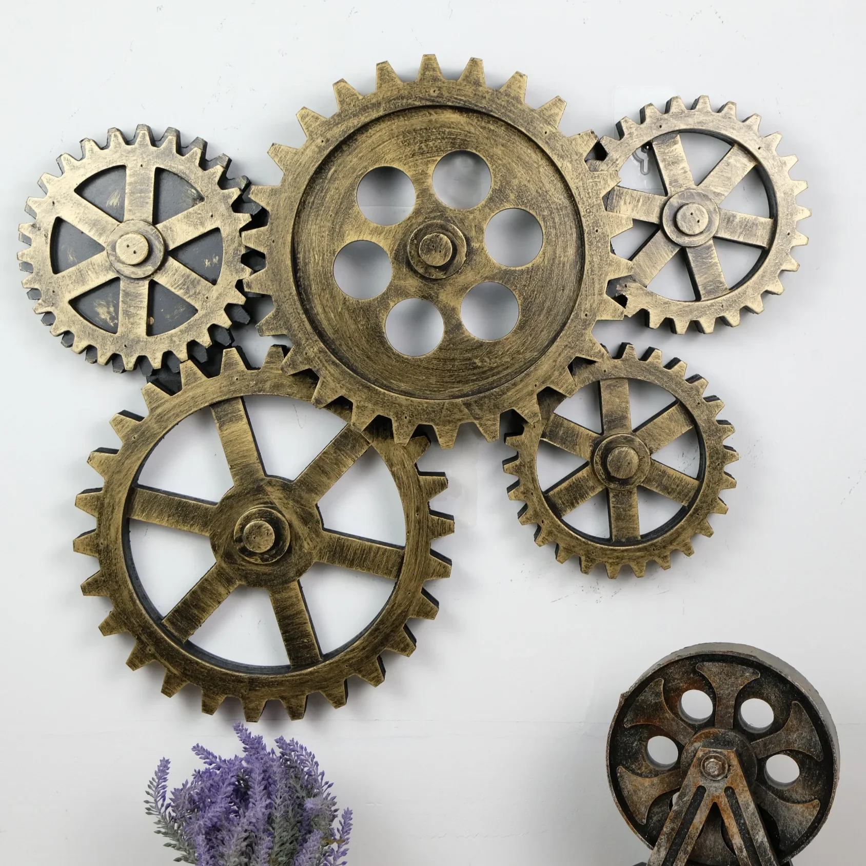 Industrial Gear Wall Hanging, Coffee Shop Wall Decor, Five-Piece Gear Set, Gold Finish, Vintage Aged Look