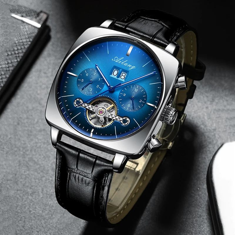 AILANG Famous Brand New Square Large Dial Mechanical Watches Luxury Leather Strap Waterproof Automatic Tourbillon Watch for Men