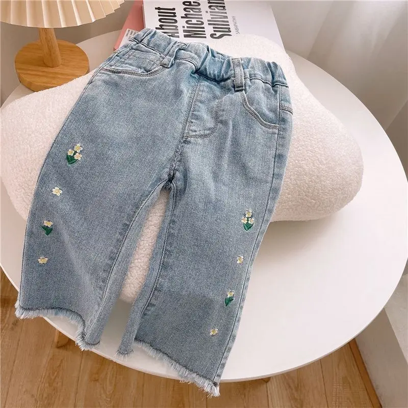 Ambroidered Flower Girl Jeans Baby Boy Kids Jeans Baby Girl Pants Daduhey Wide Leg Pants Harem Trousers Clothes Bottoms