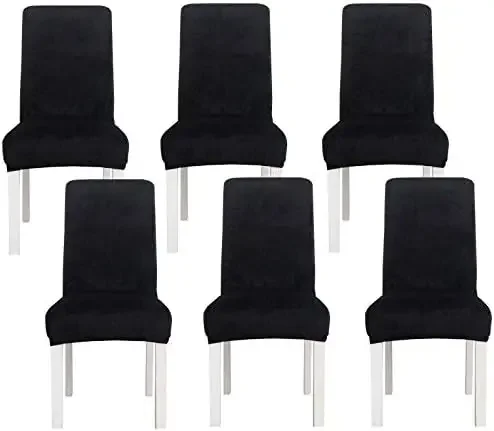 Set of 6 Black Velvet Stretch Dining Chair Covers - Removable & Washable Slipcovers for Kitchen, Hotel & Dining Room