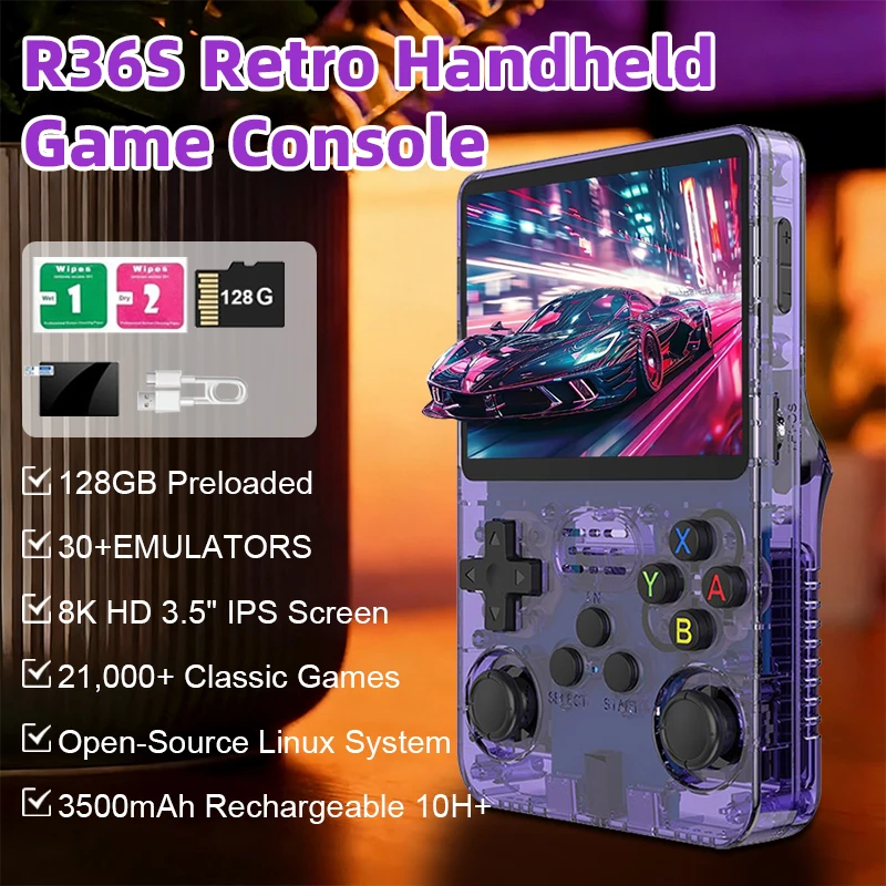 

New R36S retro game console,Handheld Game Console, 8K Ultra HD IPS Display, 3D Game Compatibility, Portable, 128GB Storage