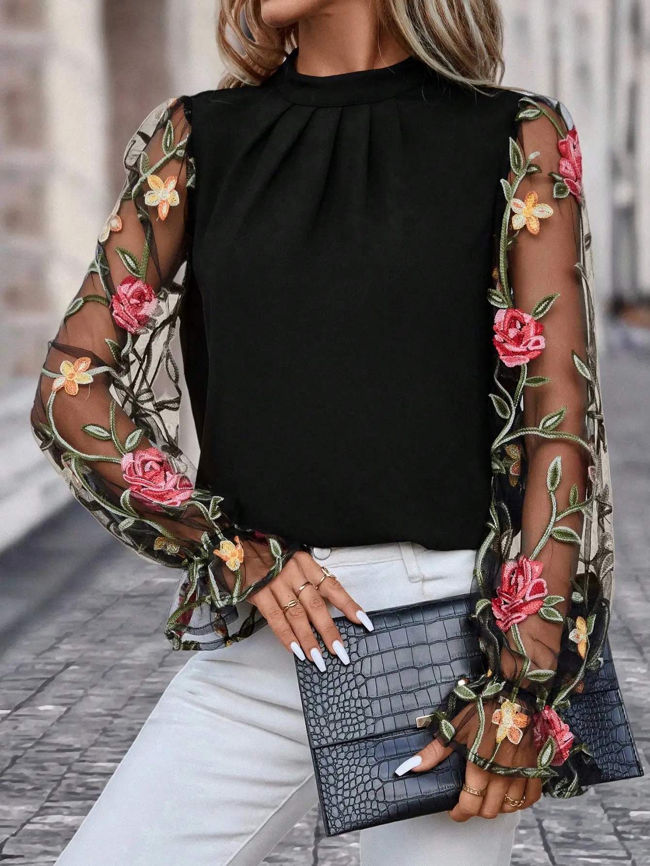

Floral Embroidery Mesh Flounce Sleeve Mock Neck Blouse Black Spring Summer Elegant