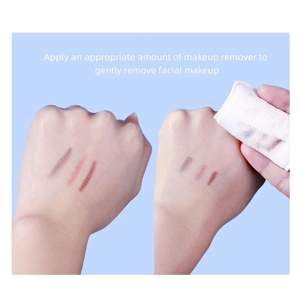 柔らかく通気性のある正方形のメイク落としパッド 100 枚、両面テクスチャードコットンパッド、スキンケアや洗顔に使用されます。