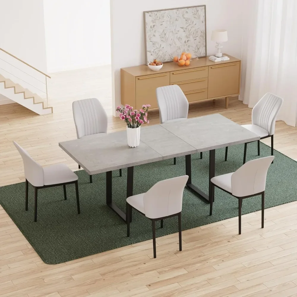 7-Piece Set for 6-8 People, Extendable Wooden Dining Table and 6 Upholstered Chairs, Kitchen Tables Set