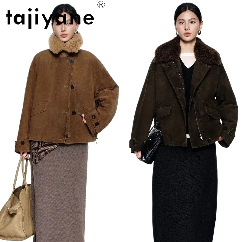TAJIYANE 100% Skóra naturalna, płaszcz z puchem gęsim, damski płaszcz z kaszmirowym kołnierzem, krótka kurtka ze skóry naturalnej, odzież damska 2025, nowa kolekcja wierzchnich odzieżowych elementów.