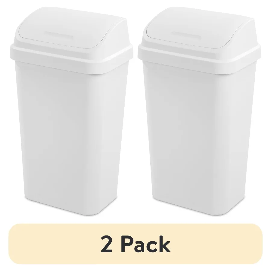 

2 pack Kitchen Trash Can, 13 Gallon Plastic Garbage Bin with Swing Top Lid, White
